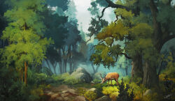 Rule 34 | animal, antlers, branch, cloud, cloudy sky, deer, deer antlers, forest, grass, highres, horns, landscape, nature, no humans, original, painterly, refiend, rock, scenery, signature, sky, tree