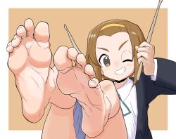 1girl absurdres akage_ruru barefoot feet foot_focus foreshortening highres k-on! school_uniform soles solo tainaka_ritsu toes