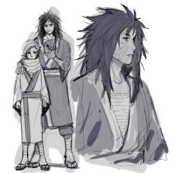 Rule 34 | 2boys, alternate hair length, alternate hairstyle, bandages, height difference, holding, holding mask, japanese clothes, karatachi yagura, kimono, long hair, male focus, mask, mi lu zaosheng, monochrome, multiple boys, naruto (series), naruto shippuuden, scar, scar on face, uchiha obito