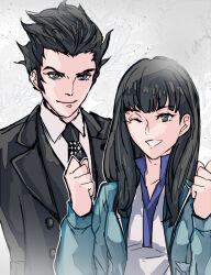 Rule 34 | 1boy, 1girl, black eyes, black hair, black suit, blue jacket, clenched hands, floral background, floral print, formal clothes, grey background, hands up, isonokami tao, jacket, koshimizu hayao, long hair, one eye closed, qgame, shin megami tensei, shin megami tensei v, short hair, smile, suit, upper body