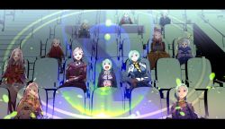 6+girls absurdres anemone_(eureka_seven) blue_hair blue_jacket breasts collarbone cosplay eureka_(eureka_seven) eureka_seven eureka_seven:_pocket_ga_niji_de_ippai eureka_seven_(series) eureka_seven_ao eureka_seven_hi-evolution_2:_anemone eureka_seven_hi-evolution_3:_eureka flat_chest food forehead_jewel gulliver_(eureka_seven) hair_between_eyes hand_on_own_face head_tilt highres iris_mackenzie jacket lab_coat large_breasts lens_flare letterboxed long_hair medium_breasts military military_uniform multiple_girls multiple_persona parted_lips pink_hair pink_jacket popcorn purple_eyes red_jacket renton_thurston renton_thurston_(cosplay) revision sakusakusakurai short_hair sitting smile very_long_hair