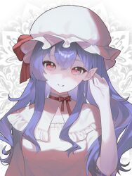 1girl alternate_hair_length alternate_hairstyle blue_hair bow breasts commentary_request crossed_bangs frills hand_in_own_hair hand_up hat hat_bow highres ko_gyoku long_hair mob_cap neck_ribbon parted_lips pink_eyes pointy_ears red_bow red_ribbon remilia_scarlet ribbon solo touhou upper_body white_hat