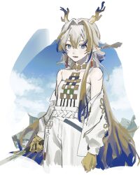 antlers arknights blue_eyes dragon_girl earrings grey_hair hair_between_eyes highres horns jacket jewelry kmmmb111 necklace open_mouth shu_(arknights) solo white_jacket