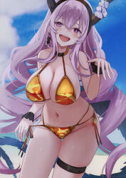 1girl arknights bikini black_horns blue_sky breasts cleavage commentary_request earrings gold_bikini highres horns jewelry kyuu_(q_des9) large_breasts long_hair looking_at_viewer navel purple_eyes purple_hair side-tie_bikini_bottom sky solo stomach swimsuit thigh_strap typhon_(arknights) very_long_hair
