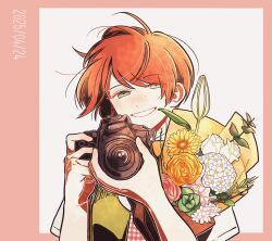 Rule 34 | 1girl, artist name, birthday, border, bouquet, camera, commentary request, danganronpa (series), danganronpa 2: goodbye despair, dated, dress, flower, freckles, green dress, green eyes, highres, holding, holding bouquet, holding camera, kiri (2htkz), koizumi mahiru, looking at viewer, necktie, outside border, pinafore dress, pink flower, plaid clothes, plaid necktie, portrait, red border, red hair, red necktie, ringed eyes, shirt, short hair, short sleeves, signature, simple background, sleeveless, sleeveless dress, smile, solo, two-tone necktie, white background, white flower, white necktie, white shirt, yellow flower
