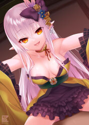 Rule 34 | 1girl, armpits, bare shoulders, breasts, clothed sex, commission, covered penetration, cowgirl position, frills, hair ornament, japanese clothes, kimono, long hair, long pointy ears, nipple slip, nipples, pointy ears, purple hair, red eyes, saitou dousan (sengoku bushouki muramasa), sanom, sengoku bushouki muramasa, sex, skeb commission, smile, straddling