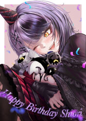 1girl absurdres black_capelet black_hair blush border brown_background capelet character_name commentary confetti english_commentary frilled_capelet frills grey_hair hair_ornament hairclip happy_birthday hat highres hololive hololive_english hug multicolored_hair novelites_(shiori_novella) official_alternate_costume one_eye_closed open_mouth outside_border party_hat shiori_novella shiori_novella_(casual) smile solo split-color_hair swept_bangs two-tone_hair virtual_youtuber white_border yellow_eyes zolomon_(jarvis_lin)