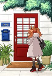 Rule 34 | 1girl, angelina (arknights), animal ears, arknights, bag, black bag, black shoes, black socks, brown hair, coat, commentary request, day, door, doormat, earpiece, fox ears, fox girl, from behind, full body, hairband, holding, holding letter, hood, hooded coat, kneehighs, leaf, letter, long hair, long sleeves, mailbox (incoming mail), mailman, messenger bag, outdoors, plant, potted plant, red hairband, roy (pixiv992911), shoes, shoulder bag, sneakers, socks, solo, standing, striped clothes, striped hairband, twintails, two-tone hairband, white coat