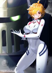 Rule 34 | 1girl, bodysuit, breasts, cosplay, covered navel, curvy, emet (one piece), evangelion: 3.0+1.0 thrice upon a time, feet out of frame, gloves, glowing, glowing eyes, gokujouhamael, grin, hair over one eye, large breasts, looking at viewer, mecha, mecha pilot suit, naughty face, neon genesis evangelion, one piece, open clothes, orange hair, pink eyes, plugsuit (evangelion), pun, rebuild of evangelion, robot, shiny clothes, smile, trait connection, vegapunk lilith, wide hips