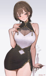 1girl absurdres artist_name black_dress brown_eyes brown_hair china_dress chinese_clothes commentary_request dress earrings hand_up highres jewelry mole mole_under_eye original short_hair simple_background smile solo sooon standing thighs twitter_username vase watermark white_background