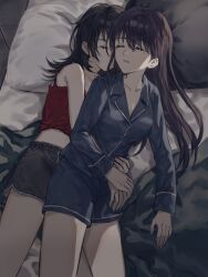 2girls bang_dream! bang_dream!_it&#039;s_mygo!!!!! black_hair blue_shirt blue_shorts brown_hair camisole closed_eyes commentary grey_shorts hair_between_eyes highres hug hug_from_behind long_hair lying multiple_girls on_side open_mouth red_camisole shiina_taki shirt shorts symbol-only_commentary trileo405 yahata_umiri yuri