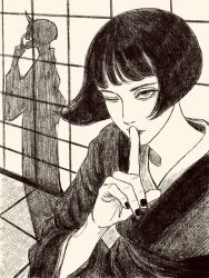 1girl architecture black_hair black_nails bob_cut different_shadow east_asian_architecture finger_to_mouth fingernails highres horns index_finger_raised japanese_clothes kimono monochrome one_eye_closed oni original short_hair solo standing tp_p_pt wide_sleeves