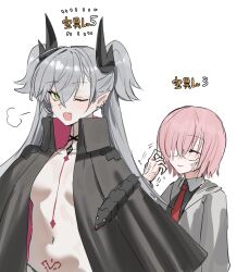 2girls anger_vein angry bat_wings black_shirt breasts closed_eyes demon_horns earrings fang fate/grand_order fate_(series) glasses green_eyes highres horn/wood horns jacket jewelry lilith_(fate) lilith_(second_ascension)_(fate) looking_at_viewer mash_kyrielight medium_breasts multicolored_hair multiple_girls navel one_eye_closed open_clothes open_jacket pink_hair shirt snake two-tone_hair white_hair wings