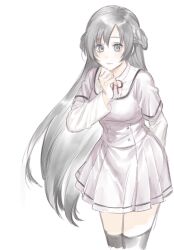 1girl arm_behind_back black_hair black_thighhighs blue_eyes braid buttons center_frills closed_mouth collared_shirt cowboy_shot frills hand_on_own_chin hand_up highres kozue_mayu layered_sleeves long_hair long_sleeves looking_at_viewer magia_record:_mahou_shoujo_madoka_magica_gaiden mahou_shoujo_madoka_magica miniskirt mizuna_girls&#039;_academy_school_uniform neck_ribbon pleated_skirt purple_shirt purple_skirt ribbon school_uniform shirt shirt_under_shirt short_over_long_sleeves short_sleeves simple_background skirt smile solo standing thighhighs very_long_hair white_background white_shirt yukishiro_(hitsuji)