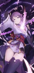1girl arm_up armor black_panties blunt_bangs blurry braid breasts bridal_gauntlets cleavage clothing_cutout commentary_request depth_of_field electricity floating genshin_impact glowing glowing_hair gradient_hair hair_floating_upwards hair_flowing_over hair_ornament hair_ribbon head_tilt highres japanese_clothes kimono large_breasts long_braid looking_at_viewer mitsudomoe_(shape) multicolored_hair neck_ribbon off_shoulder panties parted_lips powering_up purple_background purple_eyes purple_hair purple_kimono purple_nails purple_thighhighs raiden_shogun red_ribbon red_sash ribbon sash shade short_sleeves shoulder_armor shoulder_cutout single_braid sketch solo thighhighs thighs tomoe_(symbol) underwear uohara_shinji wide_sleeves