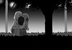 2girls backpack bag bang_dream! bang_dream!_it&#039;s_mygo!!!!! commentary_request greyscale hand_on_another&#039;s_shoulder hand_on_another&#039;s_waist highres kiss long_hair long_sleeves looking_at_viewer lysine medium_hair misumi_uika monochrome multiple_girls night outdoors short_sleeves skirt togawa_sakiko tree two_side_up yuri