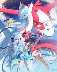 2girls absurdly_long_hair absurdres arknights barefoot black_cape blue_dress blue_eyes blue_footwear blue_petals blush cape commentary_request crossover dated dress feathered_wings feathers gaoling_gangqin gen_3_pokemon gradient_clothes gradient_dress hair_petal head_wings highres jirachi latias latios legendary_pokemon long_hair long_sleeves mulberry_(arknights) mulberry_(reflection_that_of_the_moons)_(arknights) multiple_girls mythical_pokemon nintendo pokemon pokemon_(creature) red_eyes red_hair see-through_clothes see-through_sleeves sleeves_past_fingers sleeves_past_wrists very_long_hair very_long_sleeves white_feathers white_hair white_wings wings