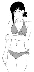 Rule 34 | 1girl, arm across chest, bikini, breasts, chainsaw man, closed mouth, greyscale, hair ornament, hairclip, higashiyama kobeni, highres, knew nothing, looking at viewer, monochrome, navel, ponytail, short hair, short ponytail, side ponytail, single sidelock, small breasts, solo, standing, swimsuit