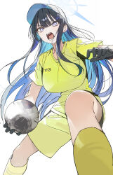 1girl absurdres ball black_gloves black_hair blue_archive blue_hair breasts drive_shot gloves halo highres holding holding_ball large_breasts looking_at_viewer multicolored_hair open_mouth saori_(blue_archive) shirt shorts simple_background soccer soccer_ball solo streaked_hair white_background yellow_shirt yellow_shorts