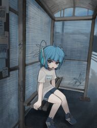 1girl antenna_hair bench bike_shorts black_eyes blue_hair blue_shoes blue_shorts bus_stop commentary english_commentary english_text graffiti highres mliko444 open_mouth original print_shirt robot_ears shirt shoes short_sleeves shorts solo t-shirt white_shirt