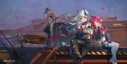 1boy 2girls absurdres aircraft airplane arknights bare_shoulders black_choker black_horns black_jacket black_pants blue_sky brown_coat brown_hat brown_necktie choker closed_eyes closed_mouth clothed_robot coat dress dullkl fedora grey_hair hat head_on_another&#039;s_shoulder highres horns humanoid_robot jacket long_hair long_sleeves looking_at_viewer mudrock_(arknights) multiple_girls necktie nymph_(arknights) outdoors pants pantyhose pink_hair pointy_ears red_eyes red_hair robot sitting sky smoking_pipe standing tin_man_(arknights) white_pantyhose wide_shot