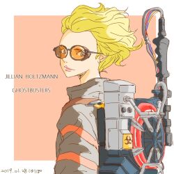 1girl antimatter_weapon blonde_hair brown_jumpsuit character_name dated directed-energy_weapon energy_gun energy_weapon from_side ghostbusters ghostbusters_uniform goggles harry_(kamome1398) jillian_holtzmann jumpsuit looking_at_viewer particle-beam_weapon particle_thrower proton_pack signature solo upper_body weapon