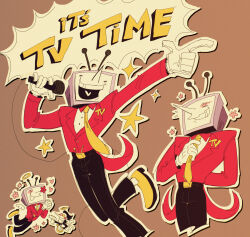 2boys adjusting_clothes adjusting_necktie angel_wings ant_tenna black_pants blush crt deltarune drop_shadow flower gloves halo highres holding holding_microphone male_focus microphone multiple_boys necktie object_head outline outstretched_arm own_hands_together pants pointing pointy_nose shoes slimespecter smile spamton_g._spamton sparkle star_(symbol) tailcoat teeth white_gloves white_outline wings yellow_necktie yellow_shoes