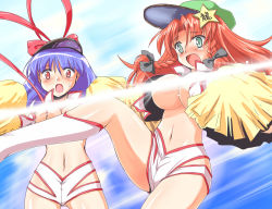 2girls alternate_costume alternate_headwear bar_censor blush braid breasts censored cheerleader convenient_censoring cosplay dirty_pair female_focus flx green_hair half-shirt hat hat_ribbon hong_meiling kei_(dirty_pair) kei_(dirty_pair)_(cosplay) large_breasts leg_up legs light_censor light_rays midriff multiple_girls nagae_iku navel censored_nipples open_mouth pom_pom_(cheerleading) purple_hair red_eyes red_hair ribbon short_shorts shorts star_(symbol) thighhighs thighs touhou twin_braids wardrobe_malfunction white_legwear