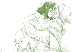 10s 2girls bad_id bad_pixiv_id blazer blush bra couple hair_ornament hair_ribbon hand_on_another&#039;s_back hand_on_another&#039;s_thigh jacket kohinata_miku monochrome multiple_girls panties ribbon school_uniform senki_zesshou_symphogear shirt_slip skirt unworn_skirt socks sweat tachibana_hibiki_(symphogear) tsuta_no_ha underwear yuri