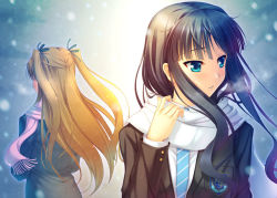 10s 2girls aqua_eyes black_hair blazer blush breath brown_hair female_focus hair_ribbon hime_cut jacket long_hair long_sleeves looking_away miyai_sen multiple_girls necktie ogiso_setsuna ribbon scarf school_uniform snow striped_neckwear touma_kazusa two_side_up upper_body white_album_(series) white_album_2 winter