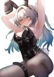 Rule 34 | 1girl, absurdres, animal ears, arm behind head, armpits, bare arms, bare shoulders, black leotard, black pantyhose, blue hair, blush, breasts, bug, bunny day, clenched teeth, fake animal ears, fake tail, firefly, firefly (honkai: star rail), from below, furrowed brow, gradient hair, green hair, grey hair, hair ornament, hairband, half updo, highleg, highleg leotard, highres, honkai: star rail, honkai (series), insect, kneeling, leotard, long hair, looking at viewer, looking down, medium breasts, memeiradesuyo, multicolored hair, pantyhose, playboy bunny, rabbit ears, simple background, solo, strapless, strapless leotard, sweat, tail, teeth, thigh strap, white background