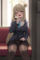 Rule 34 | 1girl, absurdres, black jacket, black pantyhose, black skirt, blonde hair, blue archive, blue necktie, brown pantyhose, clothes lift, collared shirt, crotch seam, dwadwa98, finger to mouth, green eyes, green halo, halo, highres, jacket, lifting own clothes, long hair, long sleeves, looking at viewer, necktie, nonomi (blue archive), open mouth, panties, panties under pantyhose, pantyhose, shirt, sitting, skirt, skirt lift, smile, solo, underwear, white shirt