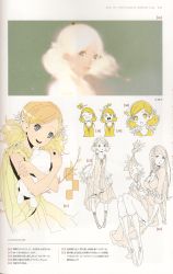 aged_up alternate_color alternate_costume alternate_hair_color alternate_hair_length alternate_hairstyle alternate_weapon boots bow child concept_art d.k dress grimoire_nier highres jewelry long_hair monster nier nier_(series) official_art ribbon scan short_hair stretching twintails weapon white_hair yonah