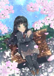1girl bad_id bad_pixiv_id black_hair black_pantyhose blazer brown_footwear cherry_blossoms dappled_sunlight day flying_witch from_above full_body grass green_eyes hand_up haru_(we_are_wind) highres jacket kowata_makoto outdoors pantyhose red_neckwear school_uniform sitting skirt solo sunlight