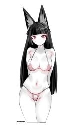 Rule 34 | 1girl, animal ear fluff, animal ears, black hair, blunt bangs, blush, bra, closed mouth, cowboy shot, fox ears, fox girl, highres, hoshimi miyabi, light blush, looking at viewer, mudou eichi, navel, pink bra, red eyes, sidelocks, simple background, solo, standing, stomach, thighs, underwear, white background, zenless zone zero