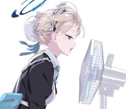 1girl apron black_dress blonde_hair blue_archive blue_eyes blue_halo blush braid dress electric_fan from_side halo maid maid_apron maid_headdress open_mouth rokuwata_tomoe solo toki_(blue_archive) white_apron
