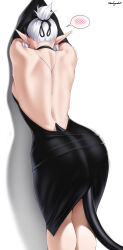 1girl ass backless_dress backless_outfit black_dress character_request copyright_request dress highres pointy_ears shadow simple_background solo speech_bubble spoken_blush tail white_background white_hair zealyush