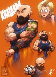 1boy 1girl android_18 bald bald_male beard black_eyes blush couple daffduff dragon_ball facial_hair happy husband_and_wife kuririn muscular muscular_male nervous_sweating orange_background serious smile surprised sweat tattoo