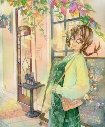 1girl absurdres akizuki_ritsuko bag bottle braid branch brown_eyes brown_hair chalkboard closed_mouth dress glasses green_dress highres idolmaster issun_boushi_(ilmtkimoti) low_twin_braids outdoors smile solo traditional_media twin_braids window wine_bottle