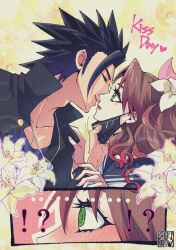 !? ...? 1boy 1girl aerith_gainsborough aerith_gainsborough_(midgard_seventh_high_school) black_hair black_jacket black_sailor_collar black_serafuku blue_shirt blush brown_hair closed_eyes collarbone commentary_request couple facing_another final_fantasy final_fantasy_vii final_fantasy_vii_ever_crisis flower gakuran green_eyes hair_flower hair_ornament hair_ribbon height_difference jacket jewelry kiss kiss_day long_hair looking_at_another mask mouth_mask mouth_pull neckerchief necklace official_alternate_costume parted_bangs parted_lips pink_ribbon ribbon sailor_collar school_uniform serafuku shikiwo shirt sidelocks signature spiked_hair upper_body white_neckerchief yellow_flower zack_fair zack_fair_(midgard_seventh_high_school)