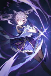 1girl absurdres bare_shoulders black_pantyhose cone_hair_bun detached_sleeves double_bun dress genshin_impact gloves hair_between_eyes hair_bun hair_ornament highres holding holding_sword holding_weapon keqing_(genshin_impact) looking_at_viewer pantyhose purple_dress purple_gloves purple_hair shali solo sword twintails weapon wide_sleeves