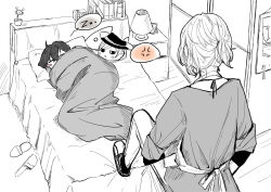 Rule 34 | 2boys, absurdres, anger vein, apron, back bow, blush stickers, book, bow, bungou stray dogs, calendar (object), character doll, character request, closed eyes, doll, foot up, from behind, full body, greyscale, hair between eyes, hair tie, highres, lamp, layered sleeves, long sleeves, loose hair strand, male focus, messy hair, monochrome, multiple boys, on bed, pants, picture frame, pillow, ponytail, shirt, shoes, short hair, short ponytail, single blush sticker, sleeping, slippers, spoken anger vein, spoken zzz, spot color, squeans, toplusd, under covers, unworn slippers, wooden floor, zzz