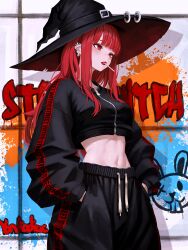 1girl absurdres commentary crop_top crop_top_overhang ear_piercing english_commentary graffiti hands_in_pockets hat highres lollipop_in_mouth long_hair long_sleeves midriff navel original pants piercing red_eyes red_hair sidelocks simple_background solo standing stomach sweatpants val_(yan_kodiac) witch_hat yan_kodiac