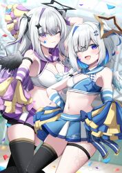2girls absurdres alternate_costume amane_kanata amane_konata angel angel_wings black_thighhighs blue_hair blue_skirt breasts cheerleader colored_inner_hair crop_top diamond_hair_ornament grey_hair hair_ornament hairpin halo highres hololive kamesys long_hair looking_at_viewer multicolored_hair multiple_girls navel one_eye_closed pom_pom_(cheerleading) purple_eyes purple_hair purple_skirt short_hair siblings single_thighhigh sisters skirt small_breasts star_halo streaked_hair thigh_strap thighhighs twins very_long_hair virtual_youtuber wings x_hair_ornament