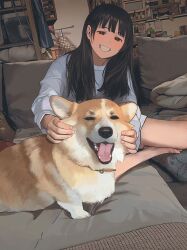 1girl animal black_hair brown_eyes cheek_pull dog grin indoors long_hair morifumi original sitting smile welsh_corgi yokozuwari