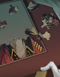 1boy brown_hair coat collared_jacket dovetree14 highres holding_puzzle_piece jacket lei_heng_(project_moon) limbus_company male_focus medium_hair project_moon puzzle_piece red_coat red_eyes single_hair_streak superimposition table tray viewer_self-insert