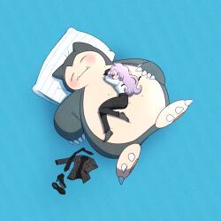 1girl anabel_(pokemon) black_socks blue_background claws closed_eyes fangs full_body gen_1_pokemon highres jacket lying necktie nintendo pokemon pokemon_(creature) pokemon_sleep pokemon_sm purple_hair shoes simple_background snorlax socks unworn_jacket unworn_necktie unworn_shoes vergolophus