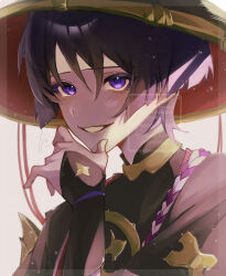 Rule 34 | 1boy, absurdres, armor, black bodysuit, black hair, black kimono, black sleeves, blunt ends, bodysuit, border, curled fingers, eyelashes, eyeliner, eyeshadow, genshin impact, gold, hand up, hat, highres, japanese armor, japanese clothes, jewelry, jingasa, juban, kimono, kote, kurokote, makeup, male focus, mandarin collar, neck ring, nero hanken, open clothes, open kimono, open mouth, purple eyes, purple rope, red eyeliner, red eyeshadow, red hat, red kimono, rope, scaramouche (genshin impact), shimenawa, short sleeves, single sode, smile, solo, watermark, white background, white border, white kimono, white mouth, white rope, wispy bangs