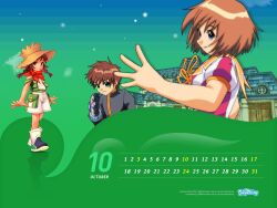 Rule 34 | 1997, 1boy, 2004, 2girls, anna (yogurting), aqua eyes, archived source, artist request, bare arms, bare shoulders, belt, black boots, black jacket, black outline, black shirt, black sleeves, black undershirt, boots, braid, brown hair, brown hat, building, calendar (medium), character request, closed mouth, cloud, company name, copyright name, copyright notice, dated, door, flower knot, green background, green belt, hat, highres, jacket, long hair, looking at viewer, low twin braids, low twintails, mechanical hands, multicolored boots, multiple girls, october, official art, official wallpaper, orange sailor collar, orange sleeve cuffs, outline, overalls, pocket, puffy short sleeves, puffy sleeves, red scarf, reflection, sailor collar, scarf, shirt, short hair, short sleeves, single mechanical hand, sleeveless, sleeveless shirt, smile, split mouth, star (sky), straw hat, torn clothes, torn hat, twin braids, twintails, white boots, white overalls, white shirt, white sleeves, window, yogurting