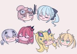 6+girls artoria_caster_(fate) artoria_pendragon_(fate) baobhan_sith_(fate) barghest_(fate) black_bow blonde_hair bow braid closed_eyes earrings fate/grand_order fate_(series) green_eyes grey_hair habetrot_(fate) hair_between_eyes hair_bow half_up_braid highres ichigo_berry jewelry kiss long_hair melusine_(fate) morgan_le_fay_(fate) multiple_girls pink_hair pointy_ears simple_background smile twintails very_long_hair white_hair yellow_eyes